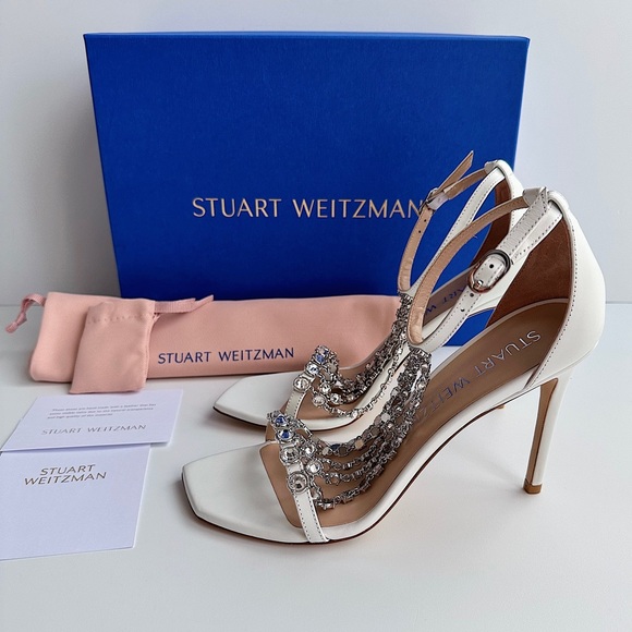 ✨New STUART WEITZMAN Stardust 100 Crystal Dress Sandals Bridal White Leather 7.5 - Picture 6 of 13